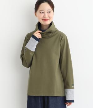 コットンひと息刺繍袖切替えタートル(カーキ-F)