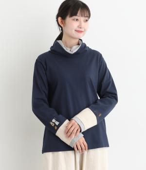 コットンひと息刺繍袖切替えタートル(ネイビー-F)