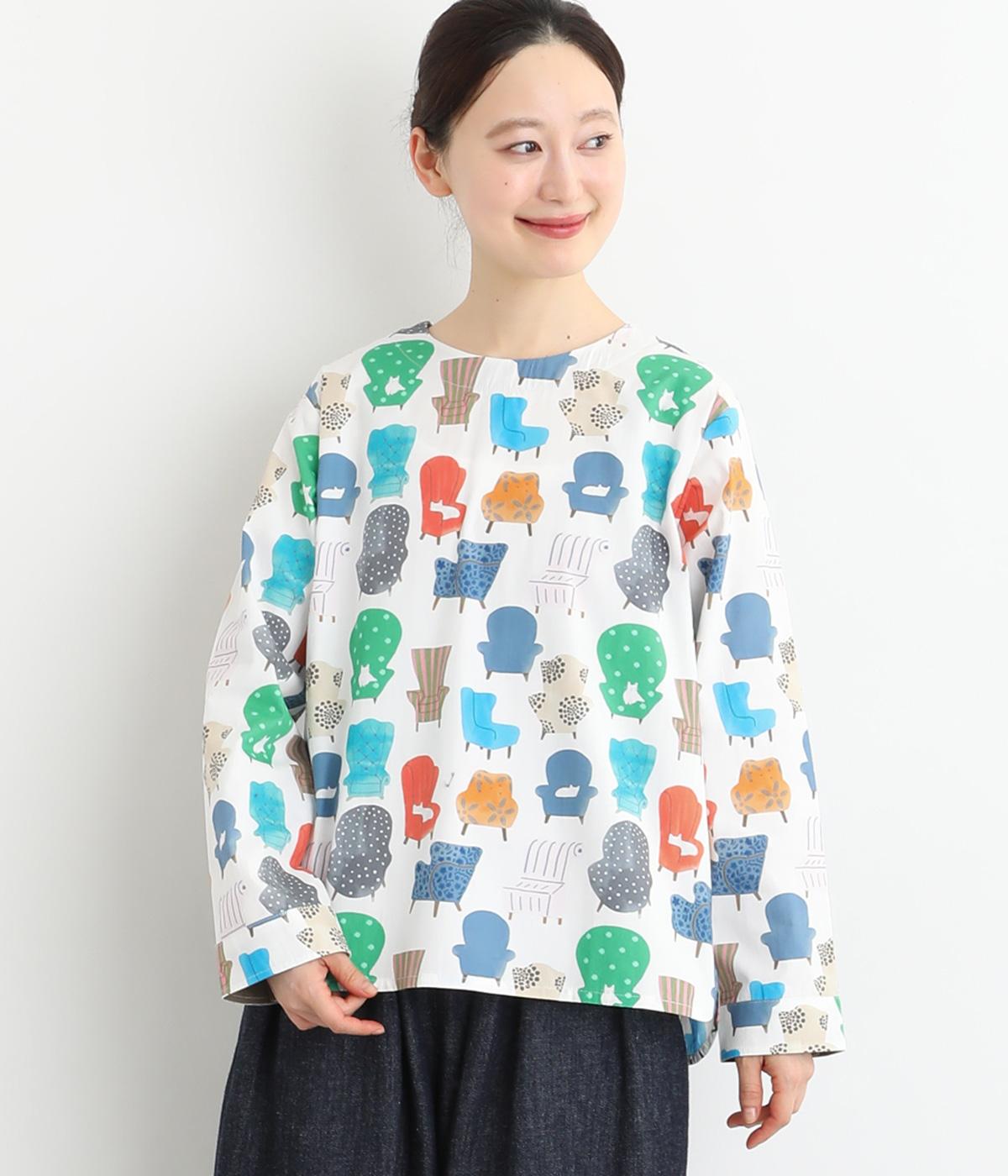 コットンネコといすのプリントブラウス(アイボリー-F)