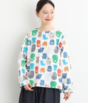 コットンネコといすのプリントブラウス(アイボリー-F)