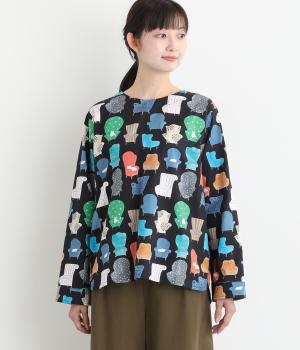 コットンネコといすのプリントブラウス(ブラック-F)