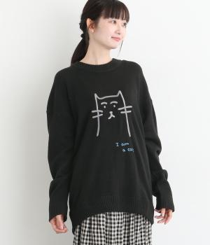 ネコ刺繍プルオーバー(ブラック-F)