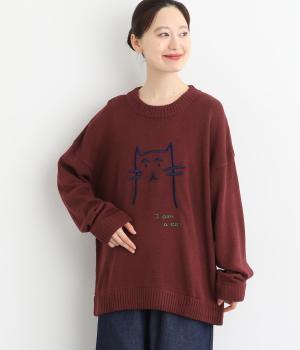 ネコ刺繍プルオーバー(レッド-F)