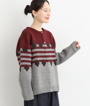 三段ジャカードカーディガン(レッド-F)