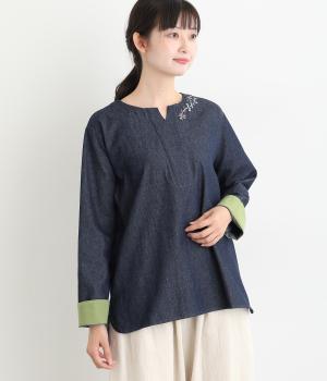 80Z デニムフラワー刺繍ブラウス