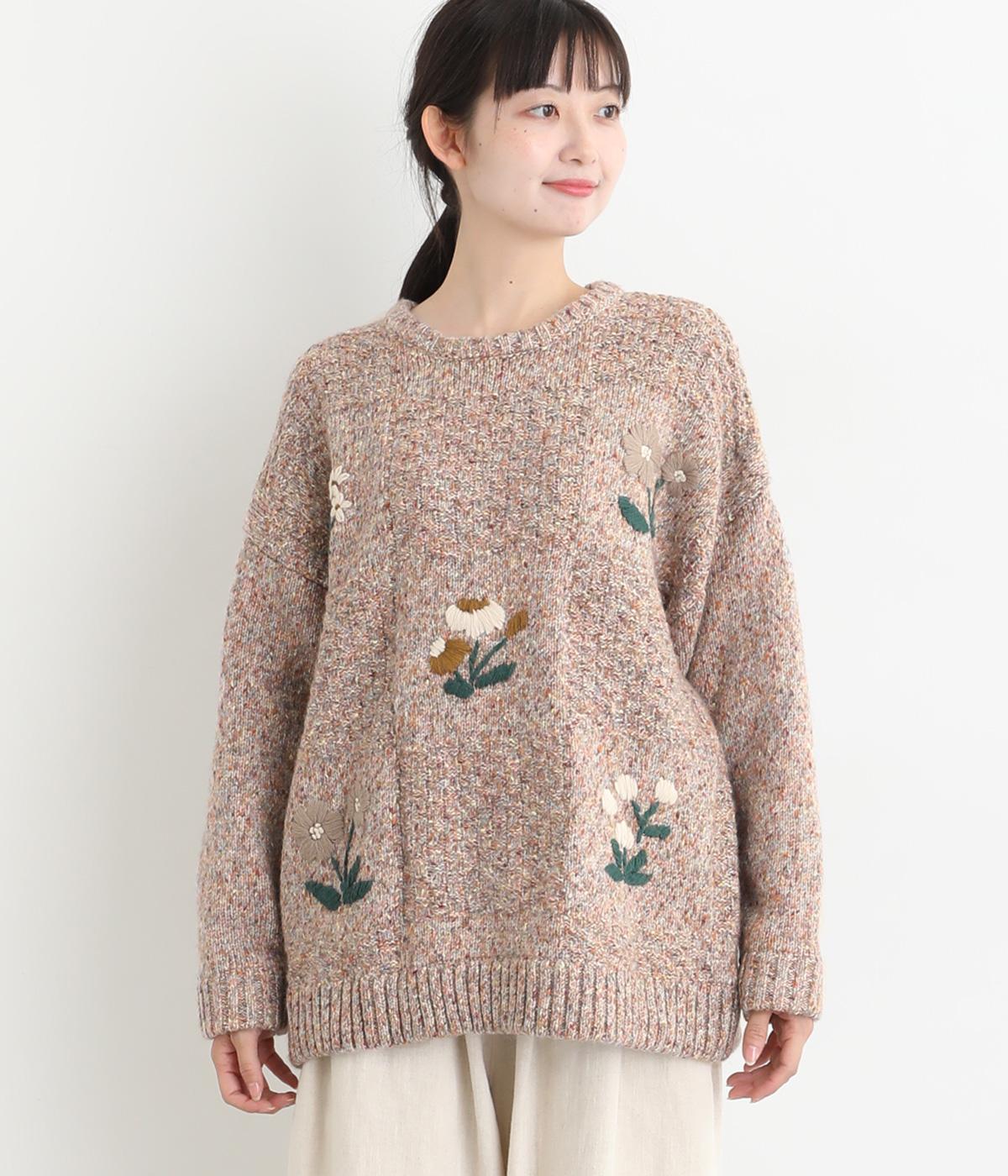 チェック編みとお花刺繍プルオーバー(アイボリー-F)