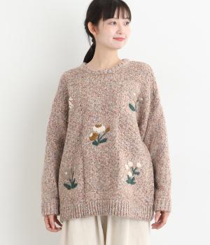 チェック編みとお花刺繍プルオーバー(アイボリー-F)