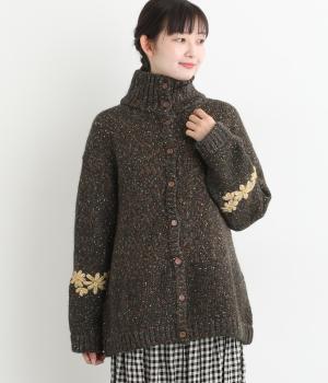 花刺繍ハイネックカーディガン(ブラック-F)