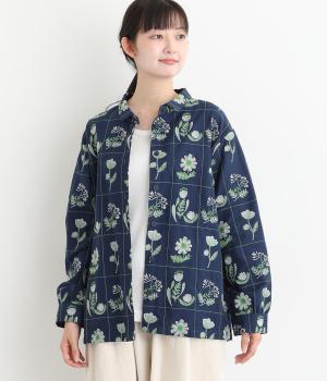 お花とライン刺繍シャツ(ネイビー-F)