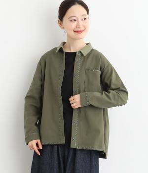 コットンツイル植物ライン刺繍シャツ