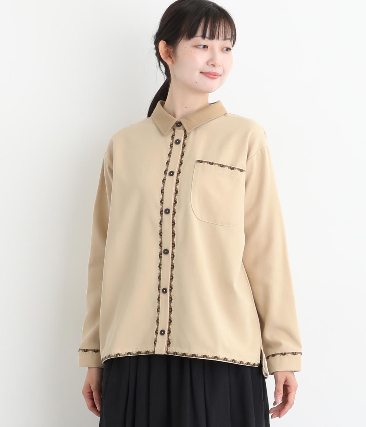 コットンツイル植物ライン刺繍シャツ(ベージュ-F)
