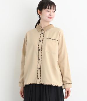 コットンツイル植物ライン刺繍シャツ(ベージュ-F)