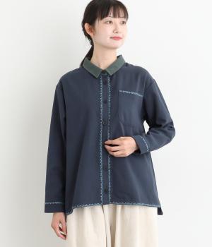 コットンツイル植物ライン刺繍シャツ(ネイビー-F)
