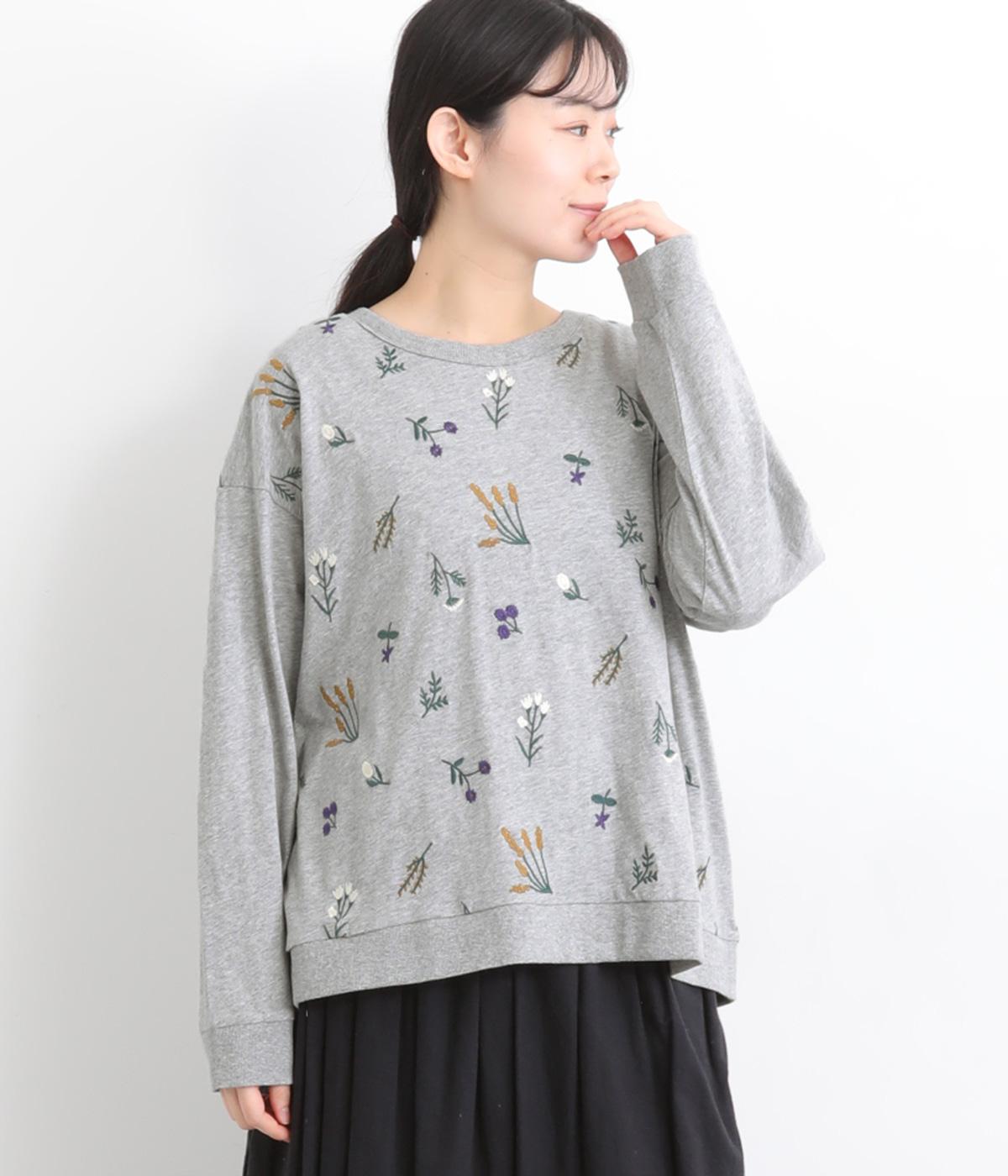 微起毛コットン天竺花刺繍タックプルオーバー(杢グレイ-F)