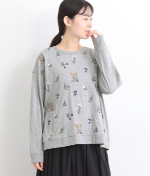 微起毛コットン天竺花刺繍タックプルオーバー(杢グレイ-F)
