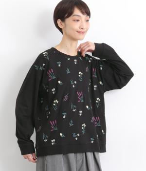 微起毛コットン天竺花刺繍タックプルオーバー(ブラック-F)