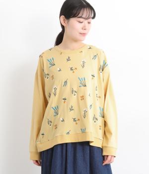 微起毛コットン天竺花刺繍タックプルオーバー(イエロー-F)