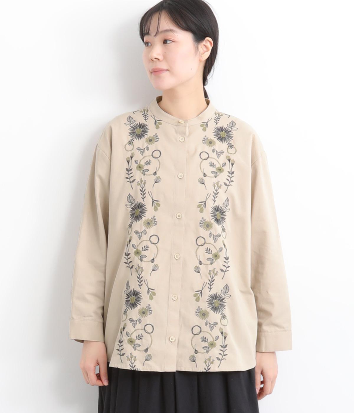 コットン布帛花パーツ刺繍シャツ(ベージュ-F)