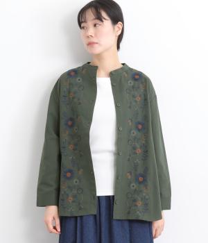 コットン布帛花パーツ刺繍シャツ(グリーン-F)