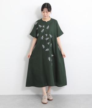スリットネック花刺繍ワンピース(グリーン-F)