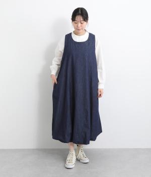 鳥ブローチ付きジャンパースカート(インディゴ-F)