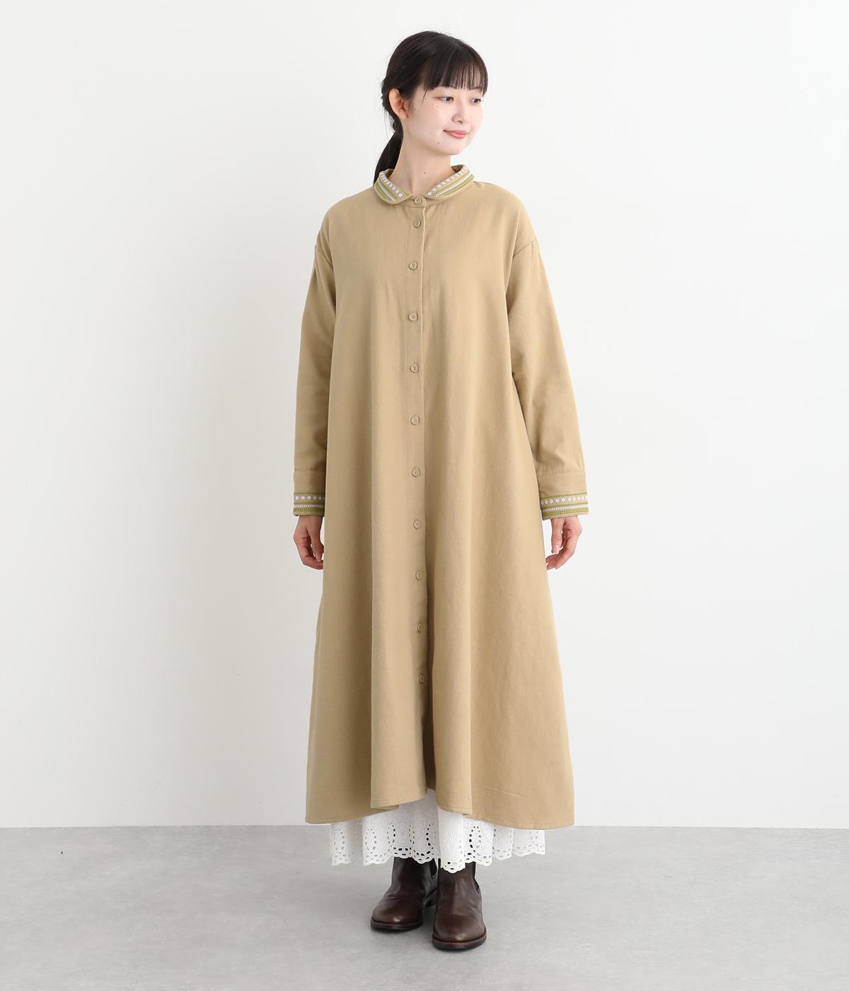 コットン両面起毛ツイルつぶつぶ刺繍ワンピース(ベージュ-F)