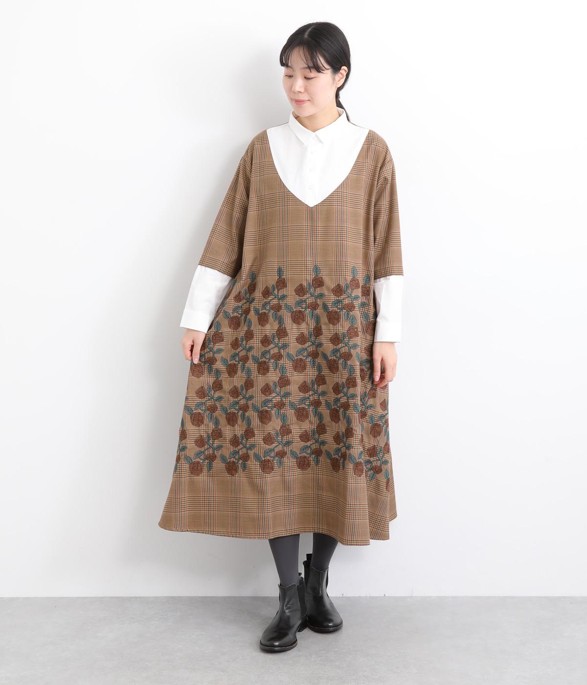 シルキーコットングレンチェックローズ刺繍シャツ(ベージュ-F)