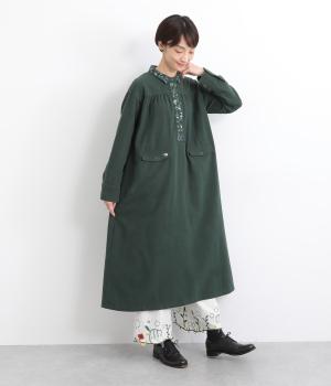 起毛コットン布帛襟花刺繍ワンピース(モスグリーン-F)