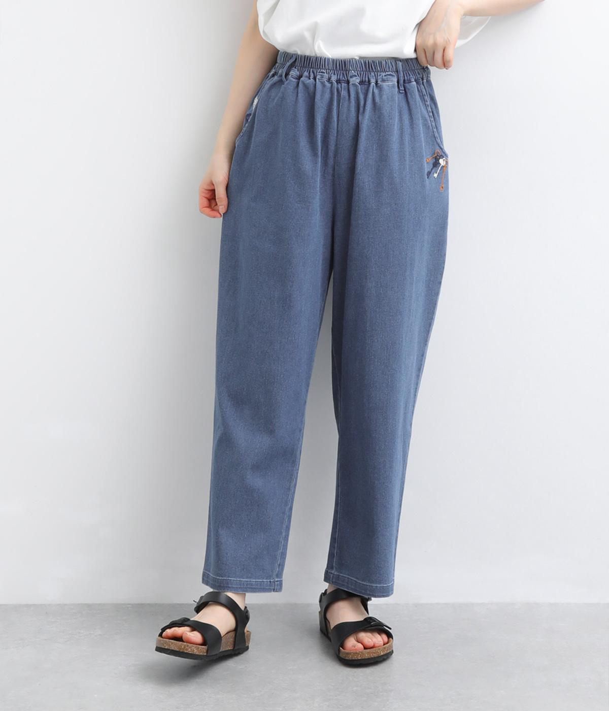 60ｏｚ冷感デニム　カギ刺繍テーパードパンツ(ブルー-F)