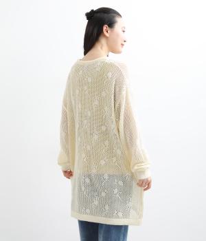 花編みジャカードチュニックカーディガン(ホワイト-F)