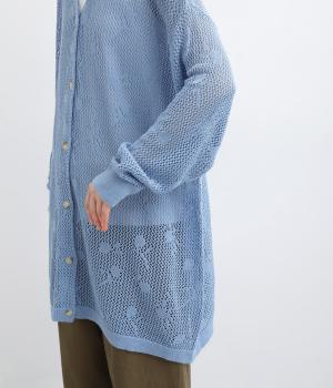 花編みジャカードチュニックカーディガン(ブルー-F)