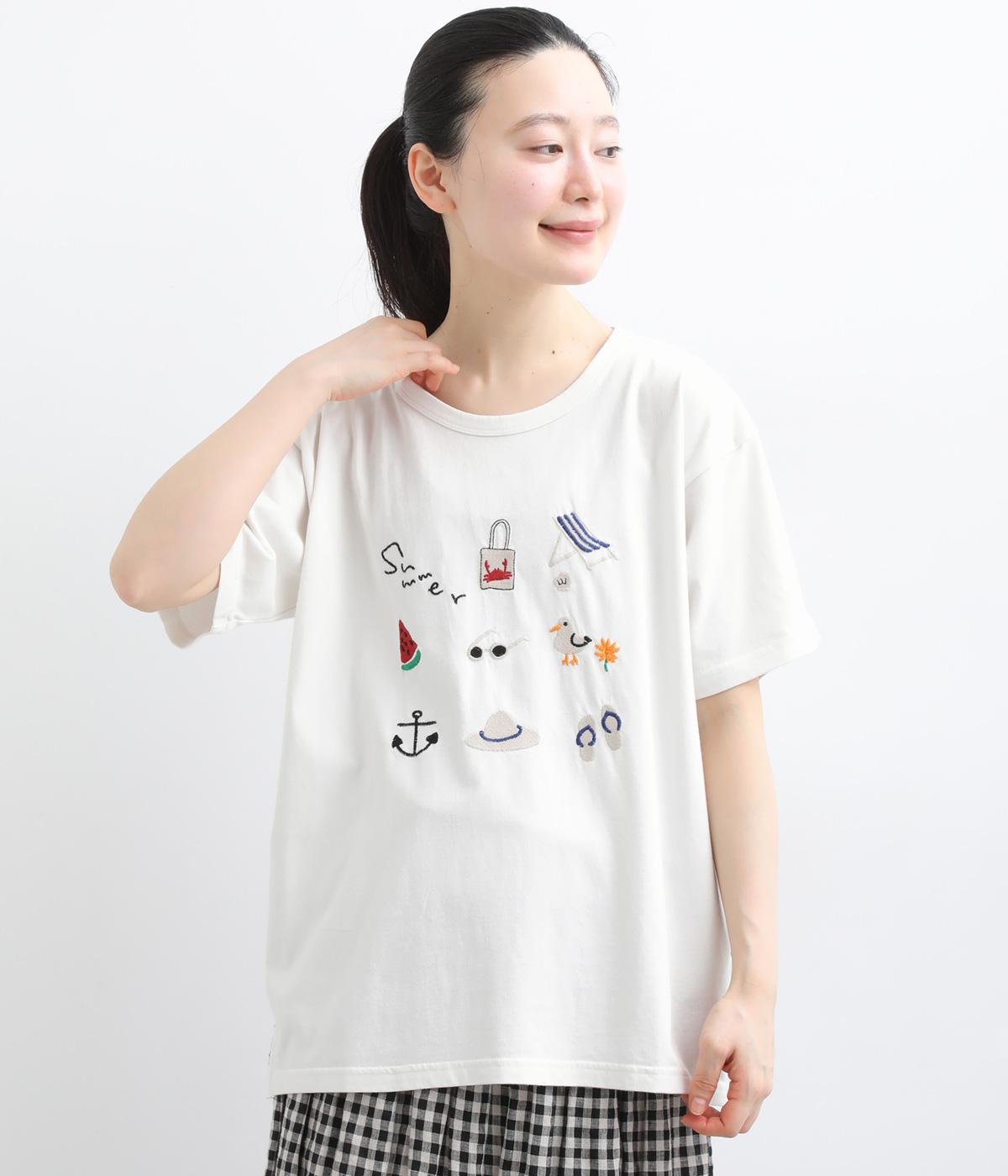 海辺刺繍Tシャツ(ホワイト-F)