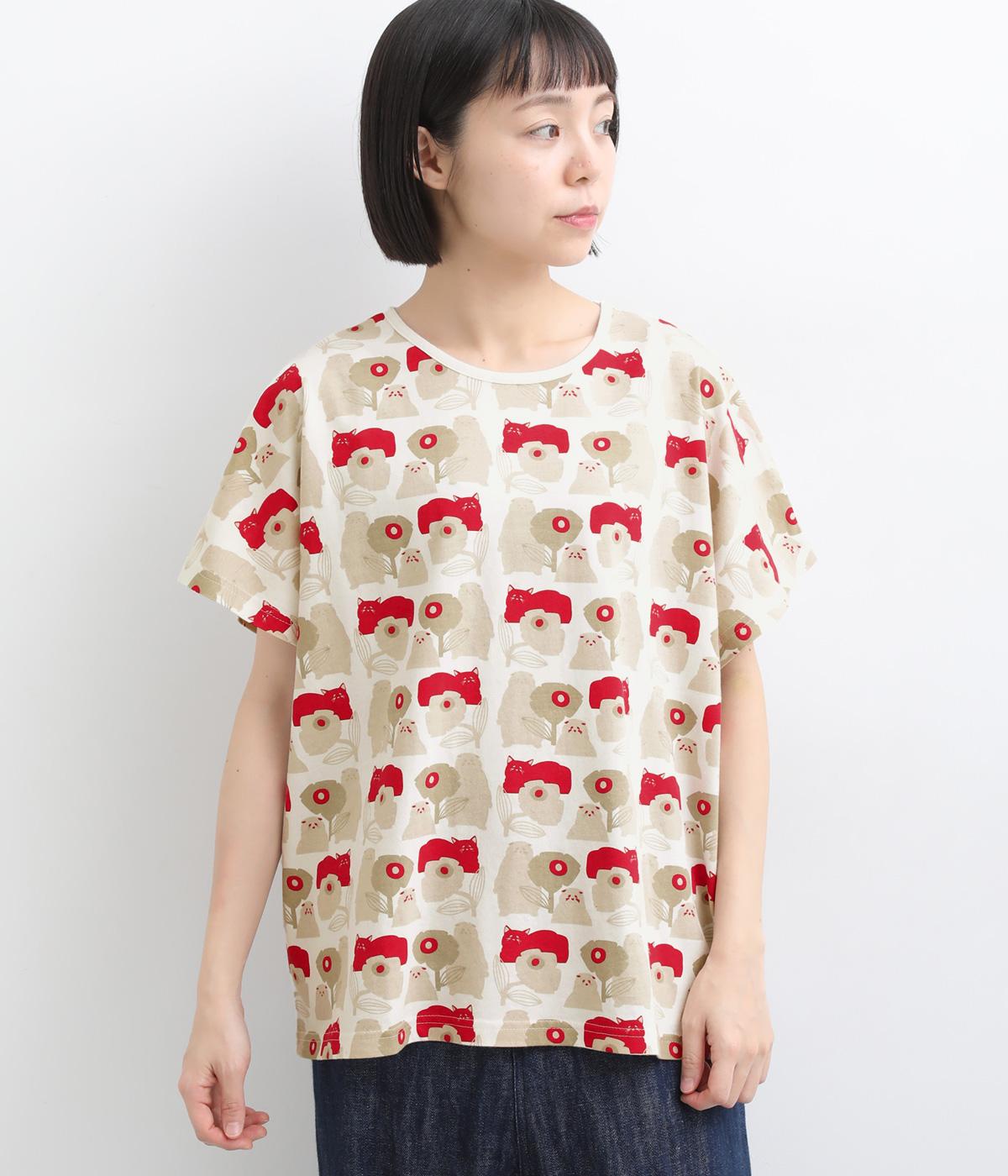 ねこプリントドルマンTシャツ(ホワイト-F)