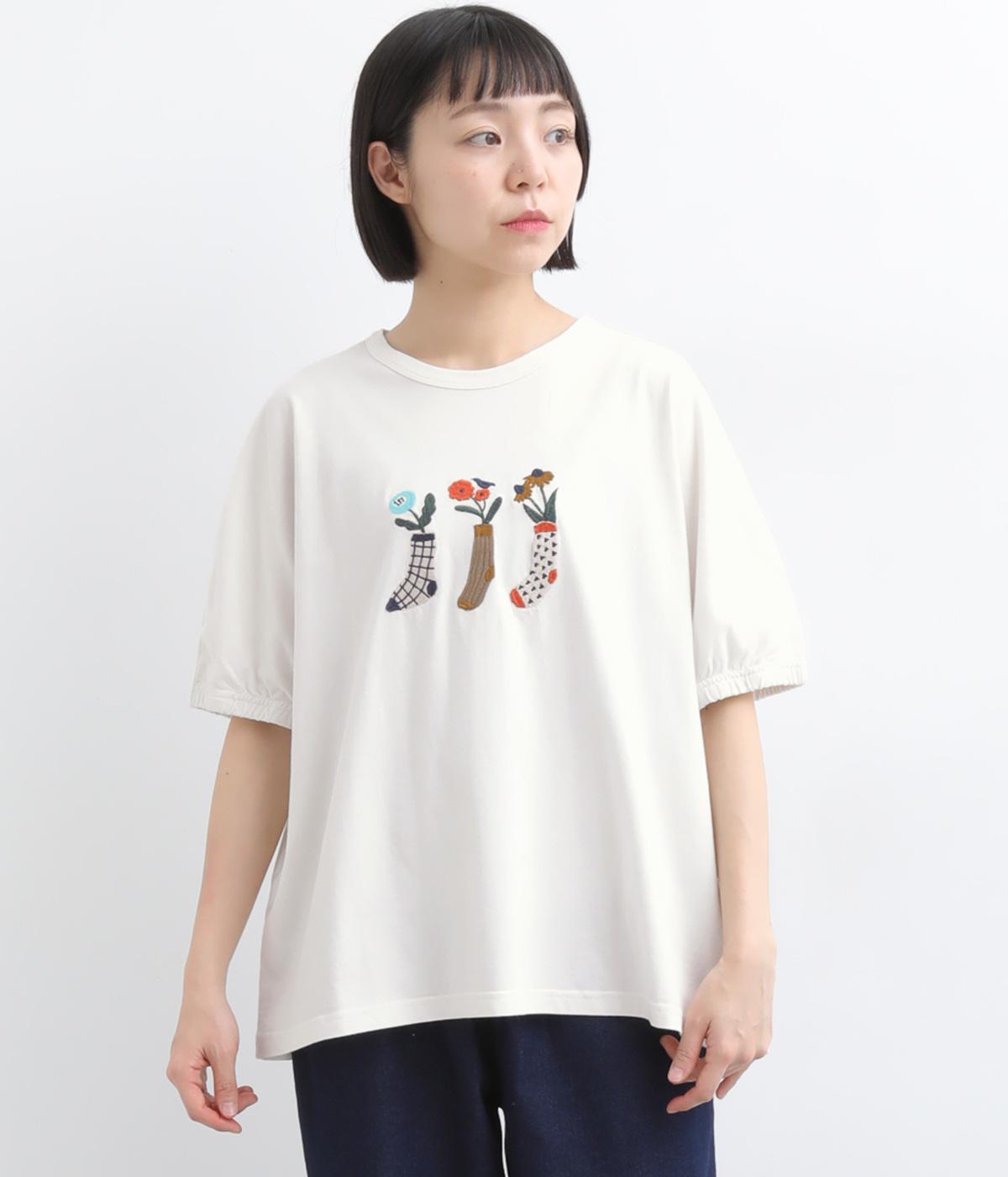 フラワーベース刺繍ドルマンTシャツ(ホワイト-F)