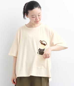 コットンリネン天竺　マグカップ刺繍Tシャツ