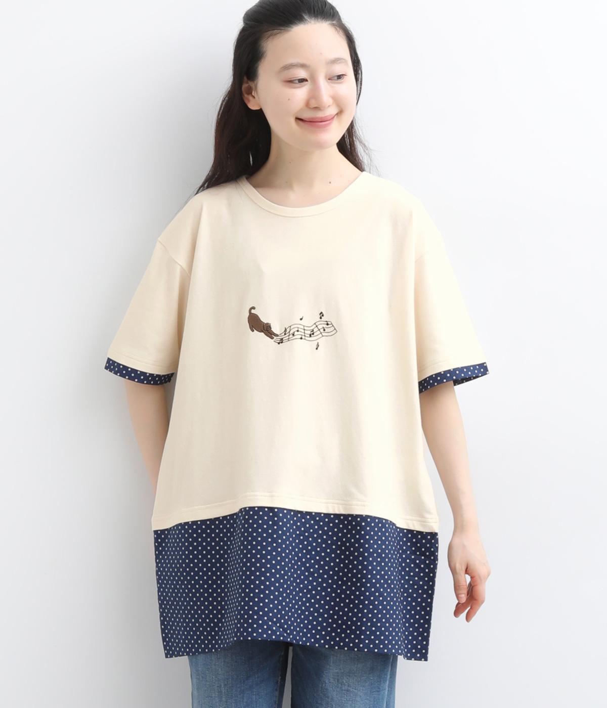 コットンリネン天竺　ねこミュージック刺繍チュニック(アイボリー-F)