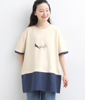 コットンリネン天竺　ねこミュージック刺繍チュニック(アイボリー-F)