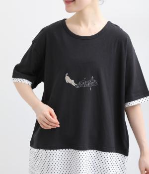 コットンリネン天竺　ねこミュージック刺繍チュニック(ブラック-F)