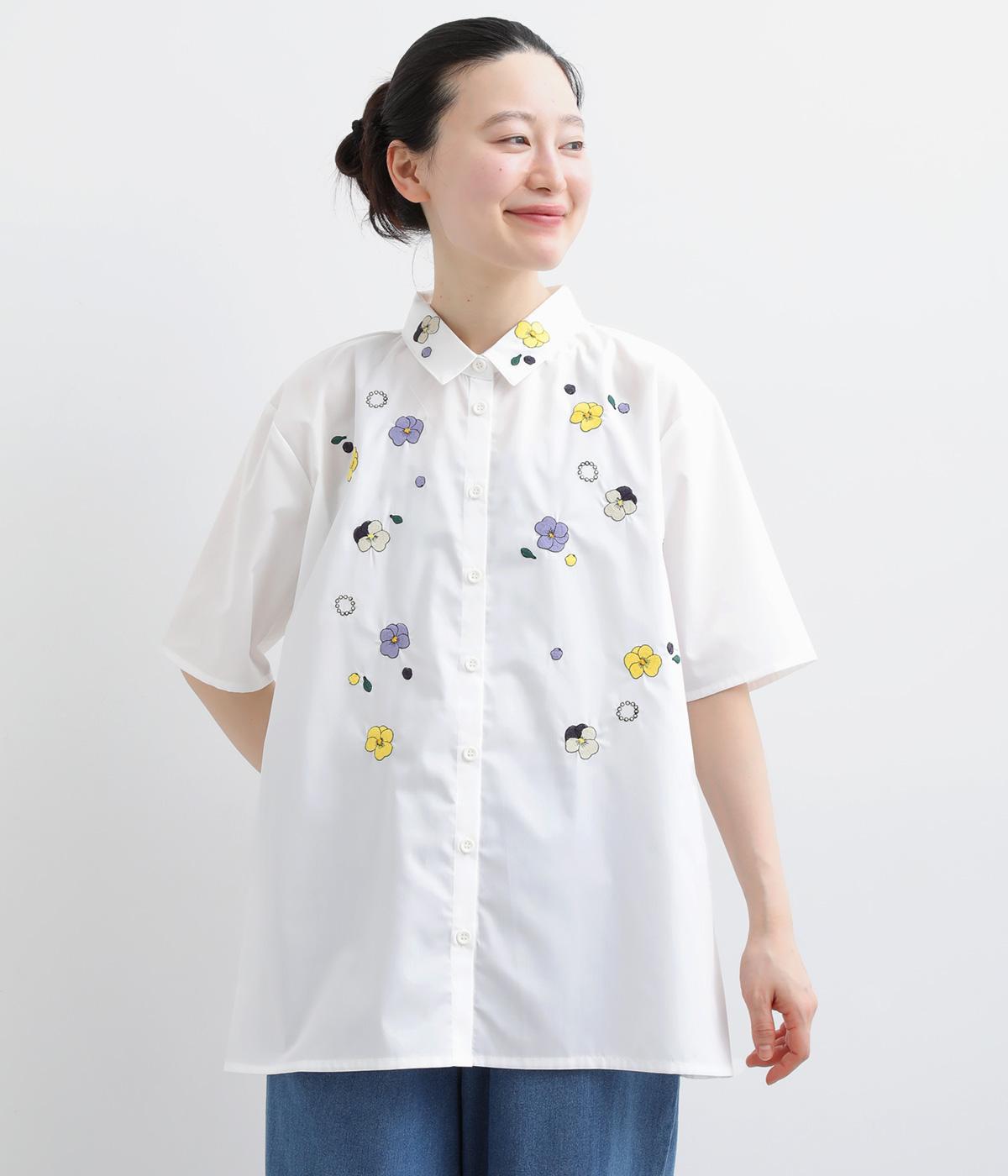 ビオラ刺繍チュニックシャツ(ホワイト-F)