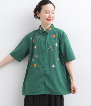 ビオラ刺繍チュニックシャツ(グリーン-F)