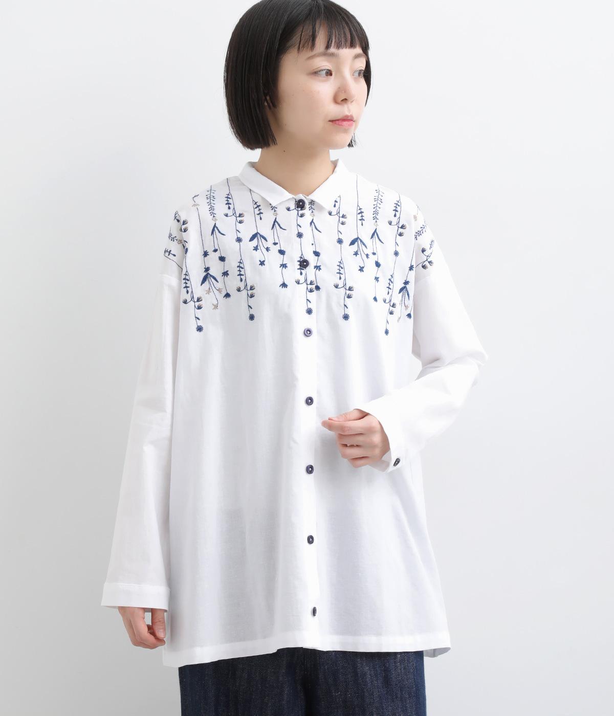 コットンリネン　花降る刺繍シャツ(ホワイト-F)