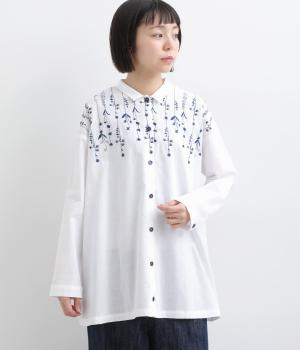 コットンリネン　花降る刺繍シャツ(ホワイト-F)