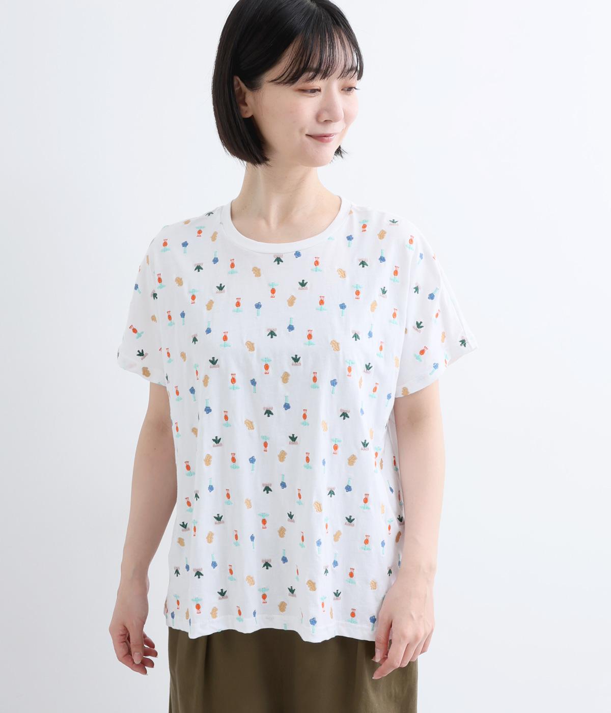 小花刺繍コットンTシャツ(ホワイト-F)