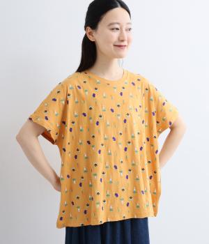 小花刺繍コットンTシャツ(マスタード-F)