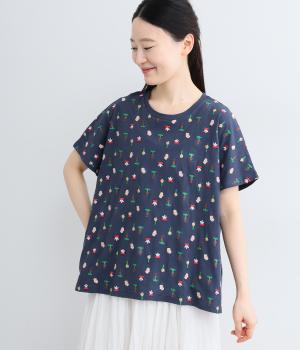 小花刺繍コットンTシャツ(ネイビー-F)