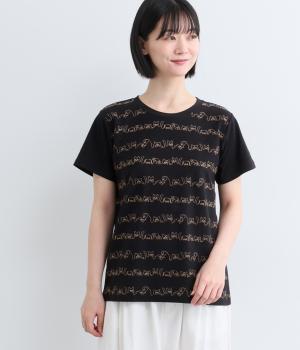 ネコとイヌ刺繍Tシャツ(ブラック-F)