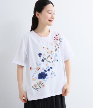 ユーズドコットン　フラワー刺繍Tシャツ(ホワイト-F)