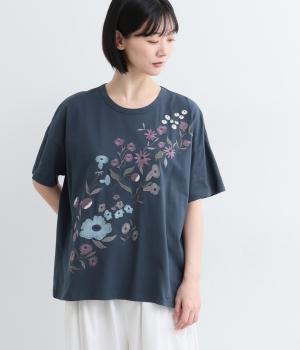 ユーズドコットン　フラワー刺繍Tシャツ(ネイビー-F)