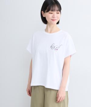 ユーズドコットン　丸メガネとマルチーズ刺繍Tシャツ(ホワイト-F)