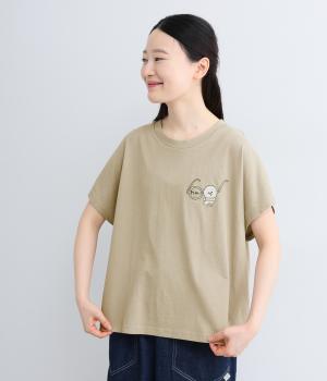 ユーズドコットン　丸メガネとマルチーズ刺繍Tシャツ(ベージュ-F)